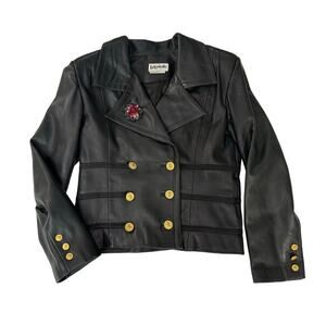Bagatelle Vintage Black Leather Jacket Double Breasted Gold Buttons